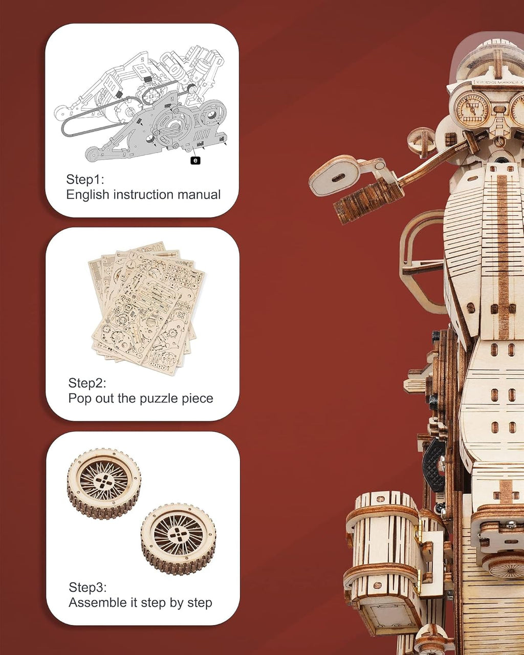 3D mechanical cruiser DIY motorcycle toy kit by ROKR, showcasing assembled metal parts and intricate engineering details.